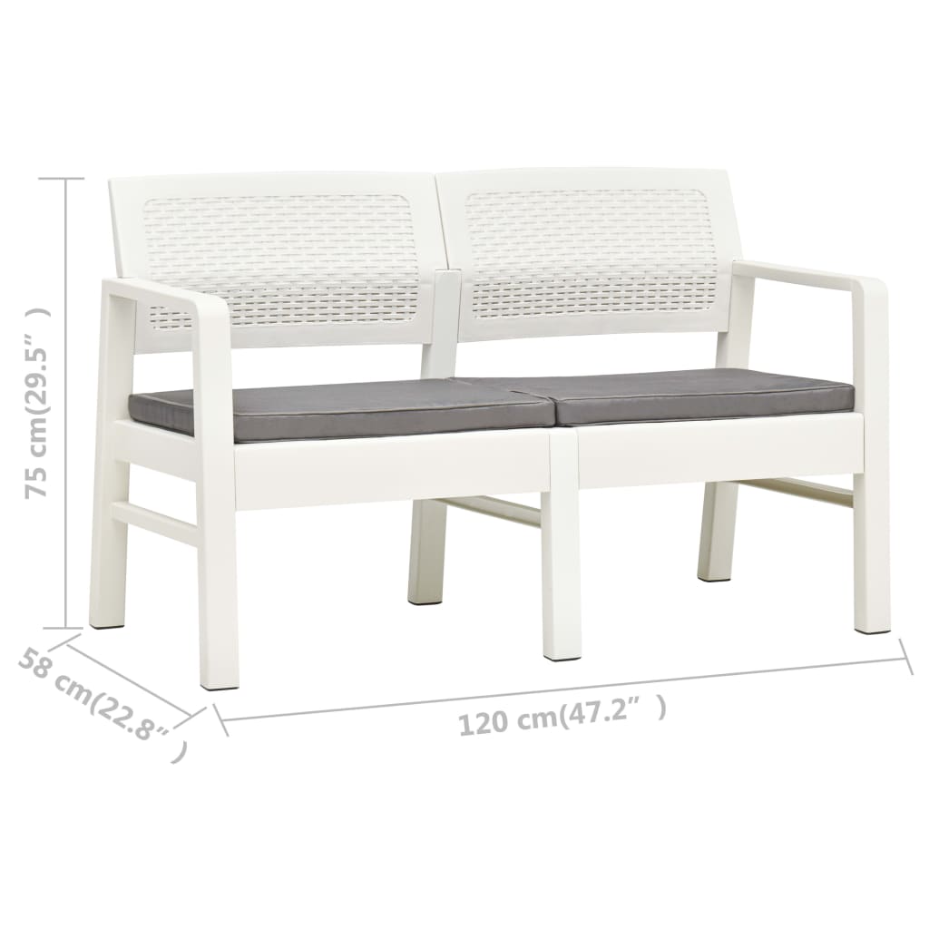 Garden bench with 2 seats and cushions 120 cm white plastic