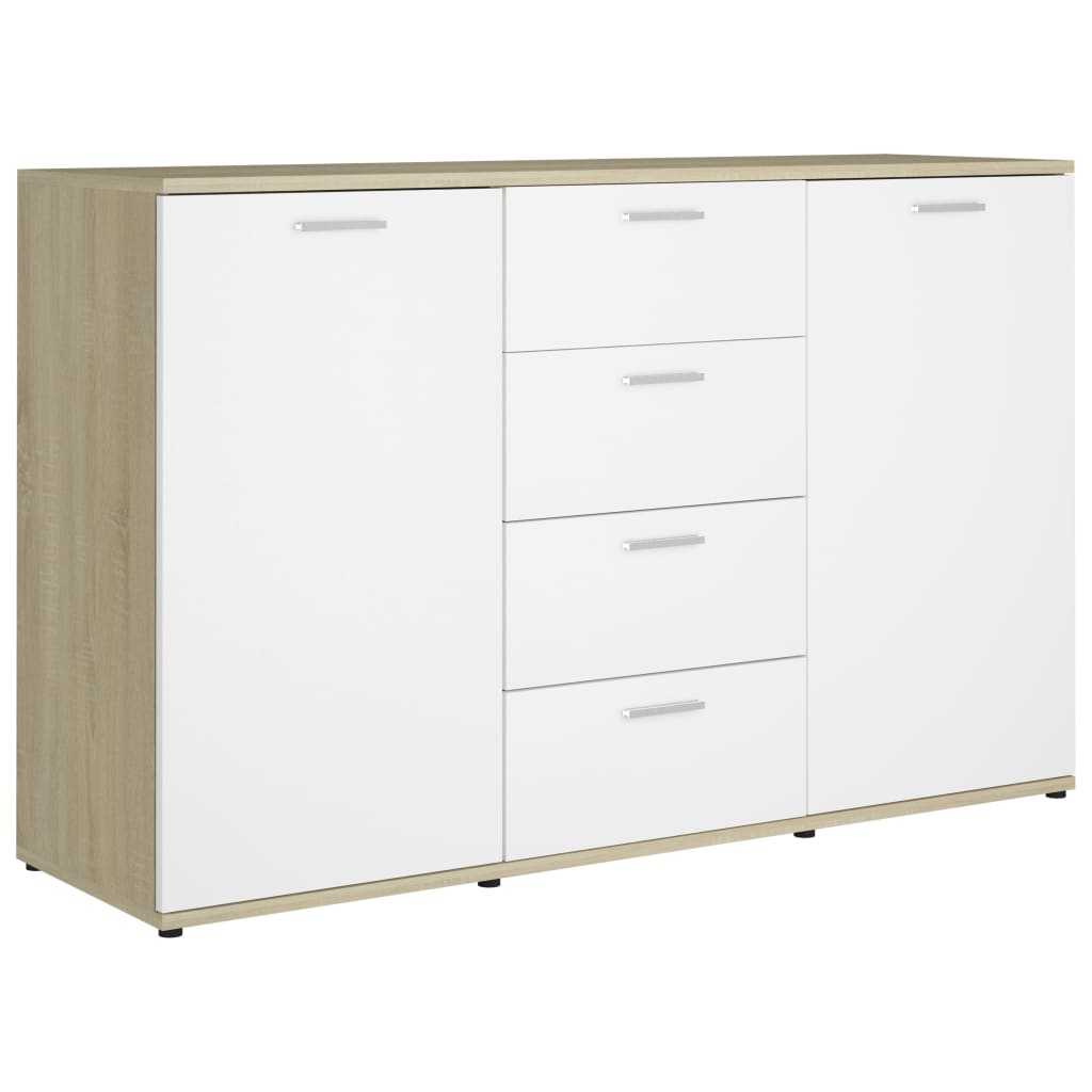 Credenza in truciolare bianco e rovere Sonoma 120x35,5x75 cm