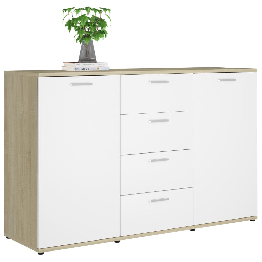 Credenza in truciolare bianco e rovere Sonoma 120x35,5x75 cm