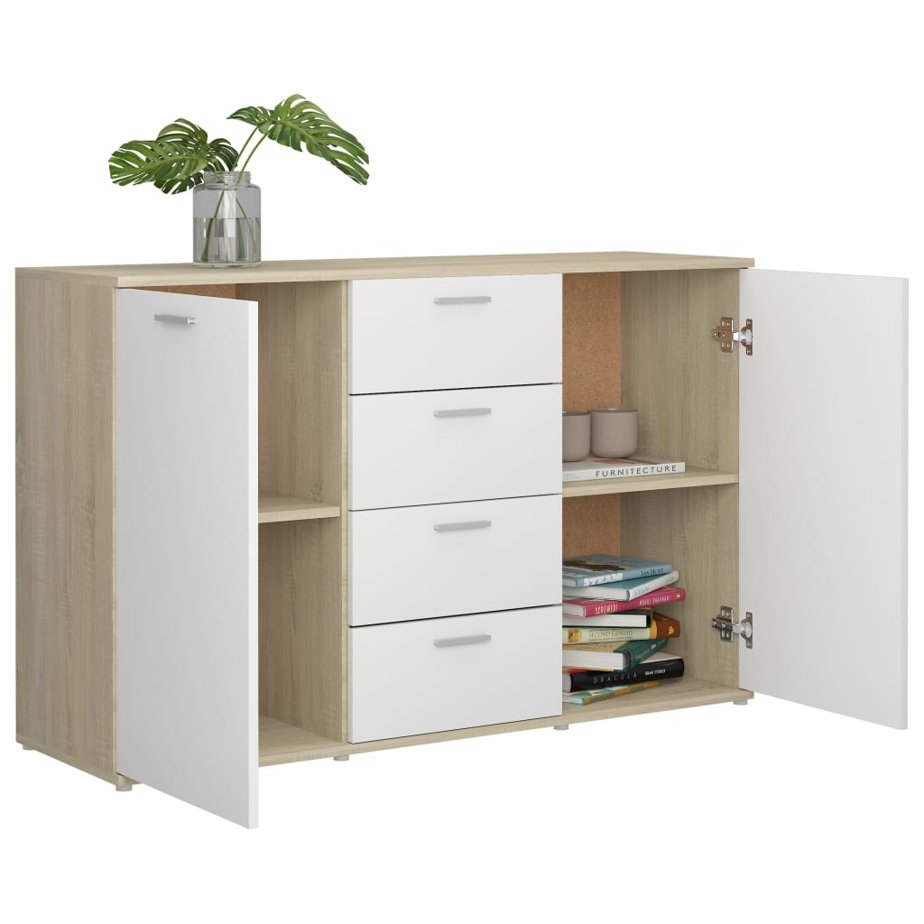 Credenza in truciolare bianco e rovere Sonoma 120x35,5x75 cm