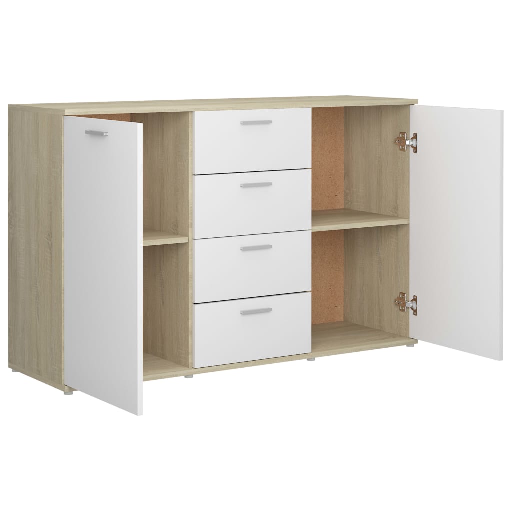 Credenza in truciolare bianco e rovere Sonoma 120x35,5x75 cm