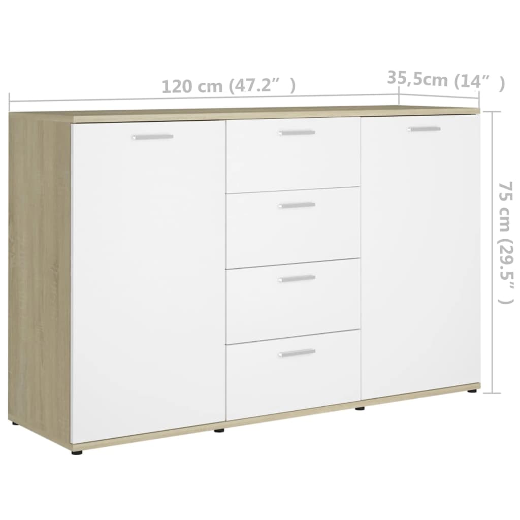 Credenza in truciolare bianco e rovere Sonoma 120x35,5x75 cm