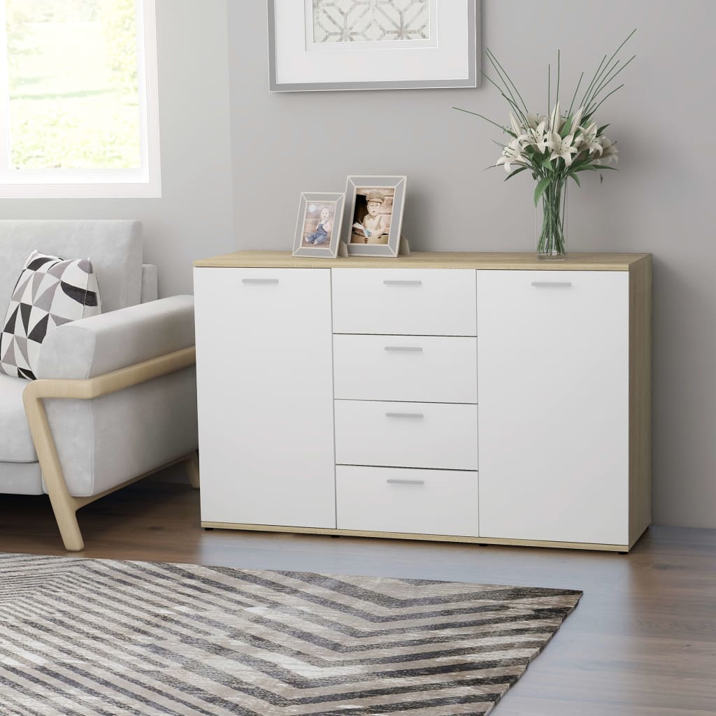 Credenza in truciolare bianco e rovere Sonoma 120x35,5x75 cm