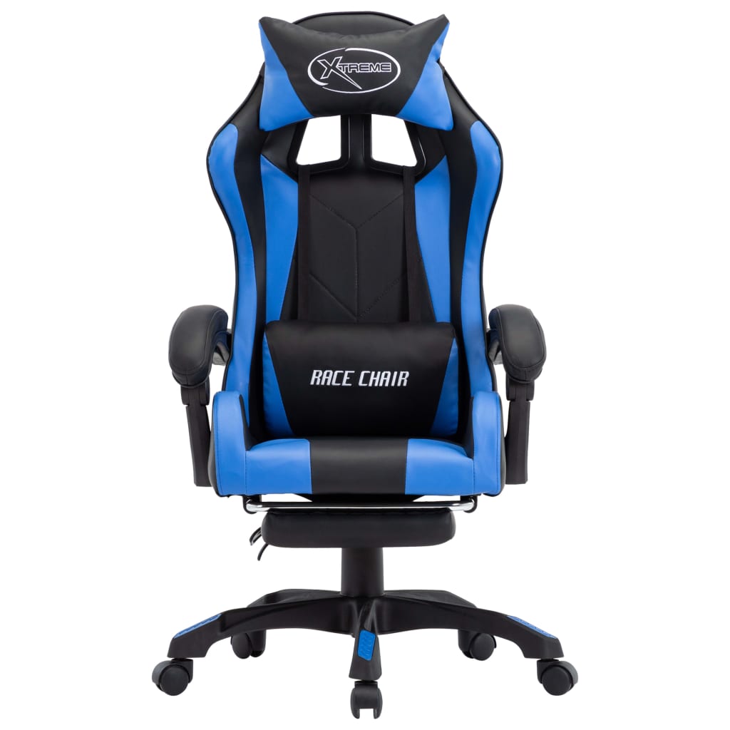 Video game armchair with blue and black firm footrests
