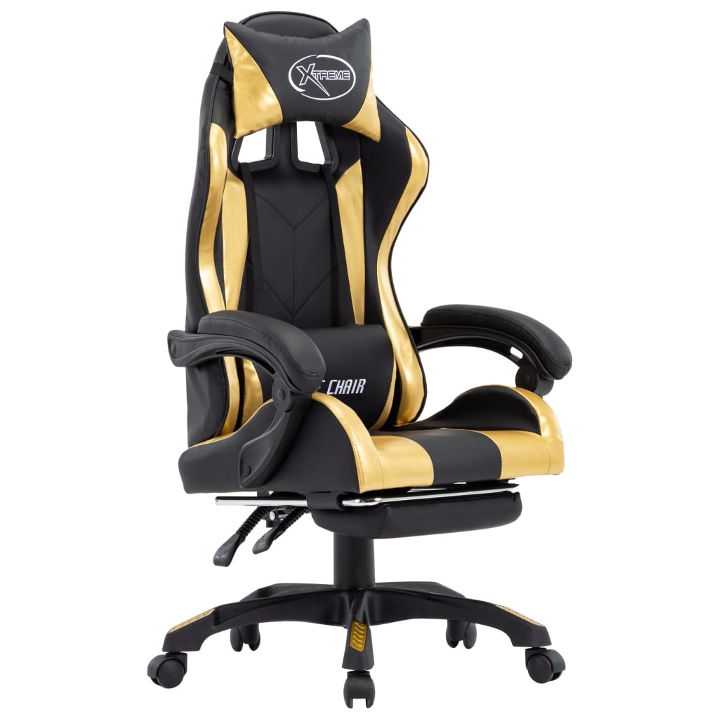 Video game armchair with golden and black firm footrests