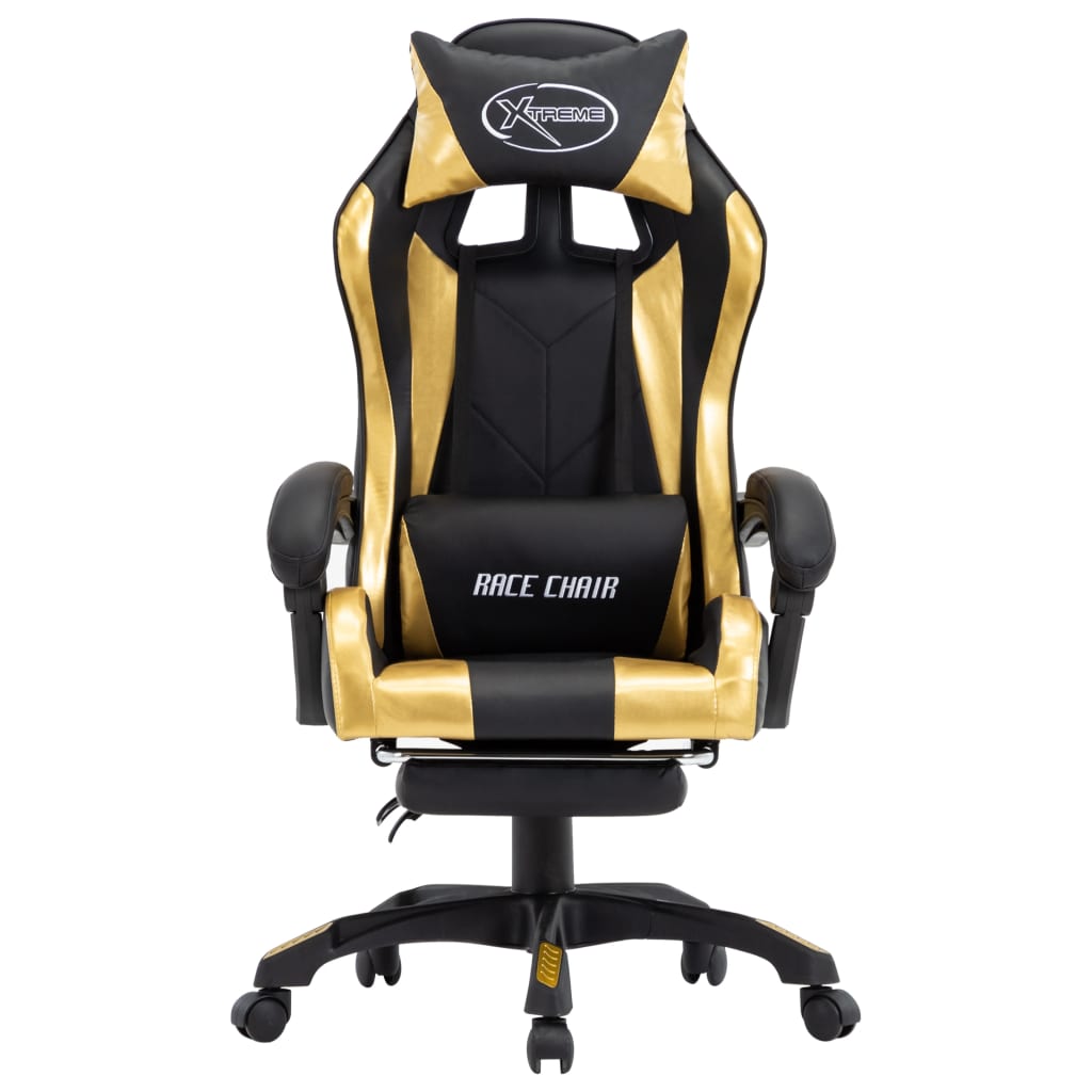 Videospiel -Sessel mit goldenen und schwarzen firmenfirmen Fußstützen