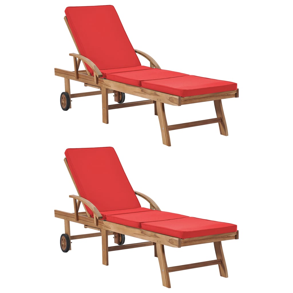 Sedie a sdraio con cuscini 2 pezzi in legno massello di teak rosso