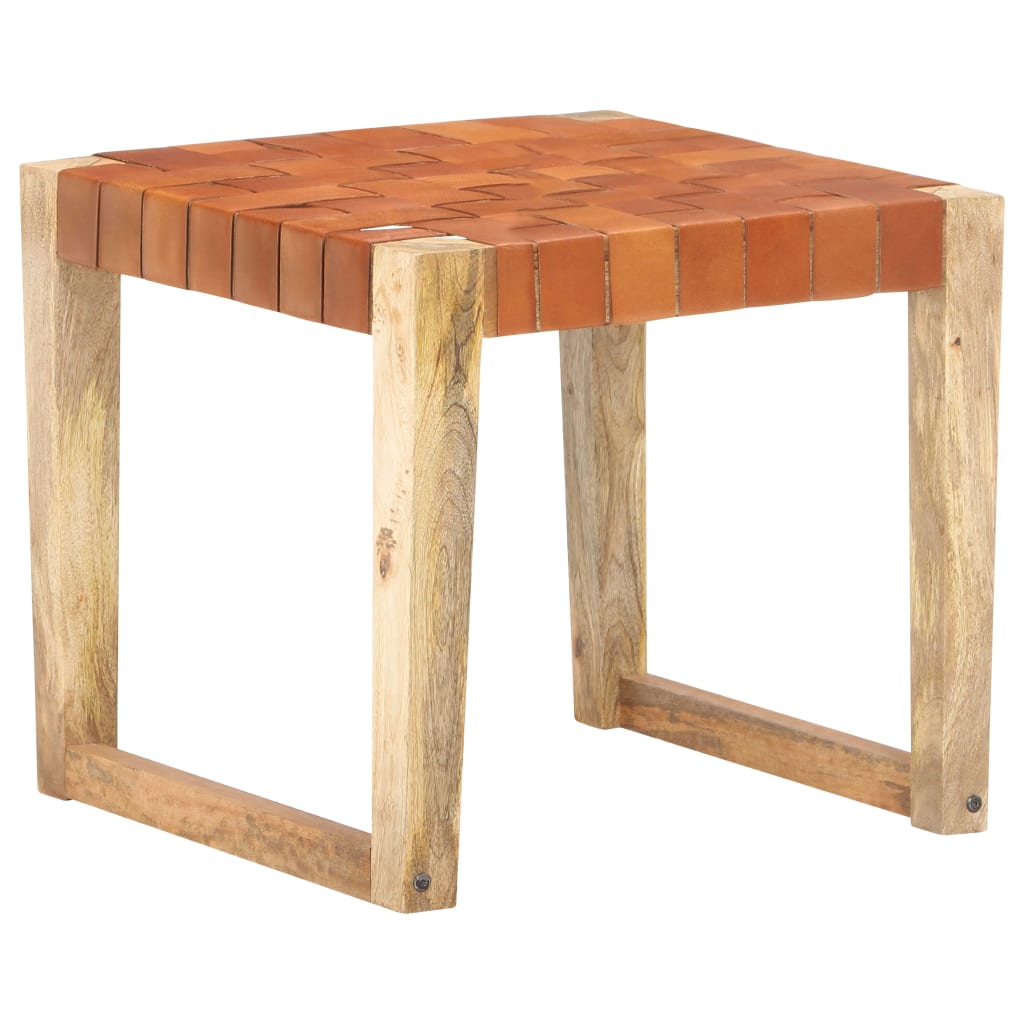 Clear brown stool real leather and solid mango wood