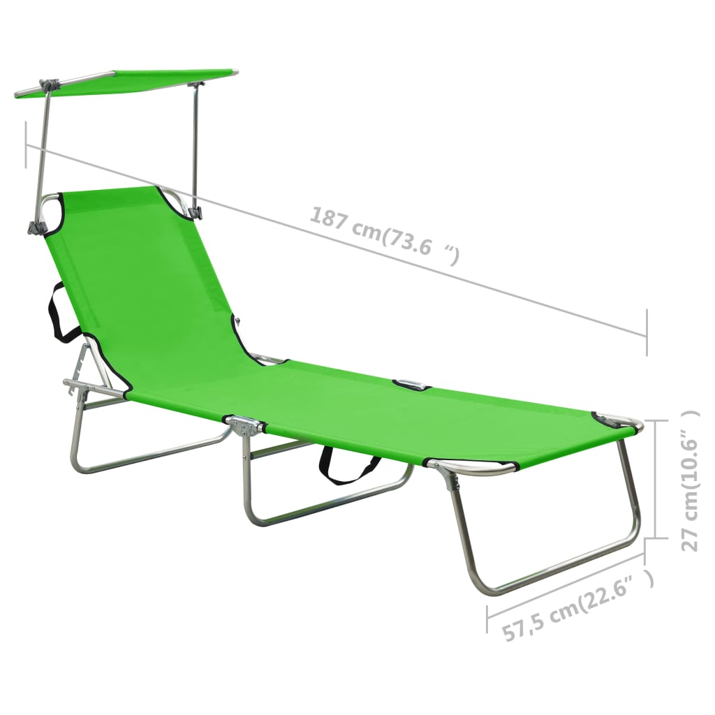 Foldable long chair with aluminum green awning