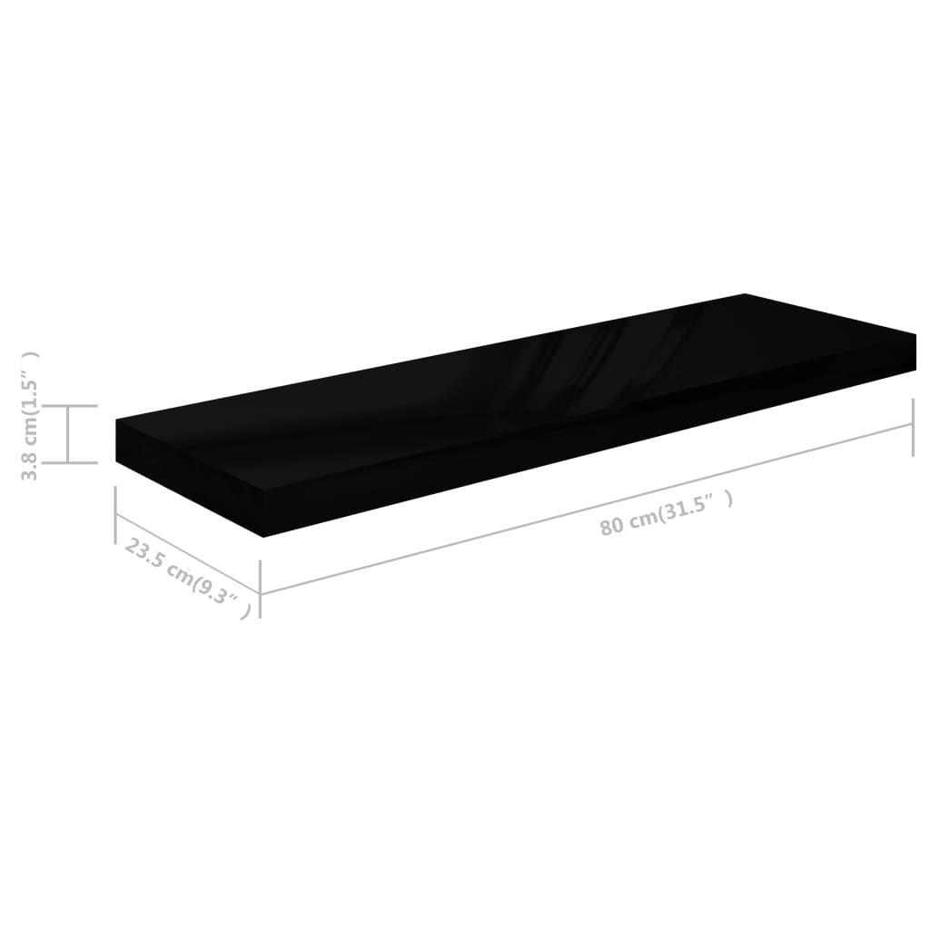 Floating wall shelf 4 pcs black shiny 80x23.5x3.8 cm MDF