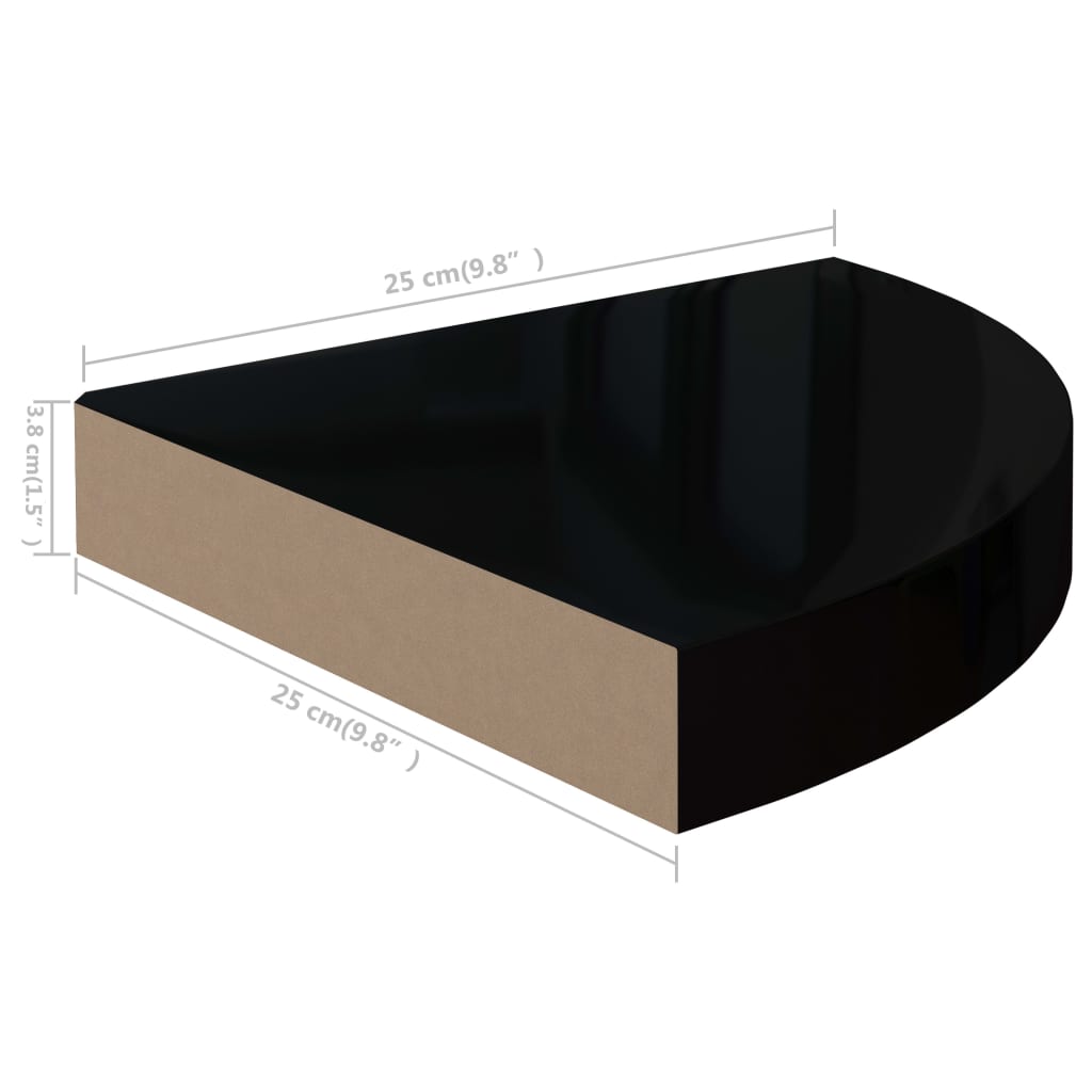 Mensole angolari sospese 4 pezzi in MDF nero lucido 25x25x3,8 cm