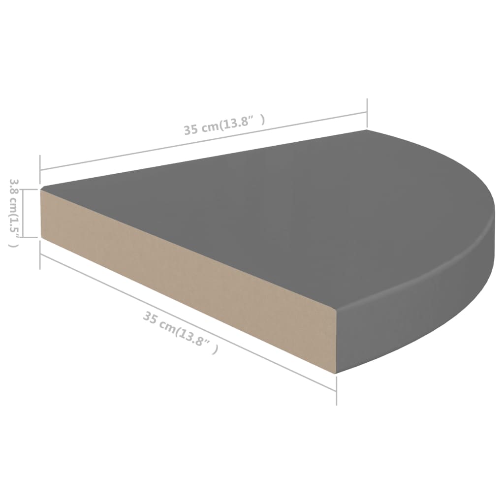 Mensole angolari sospese 2 pezzi in MDF grigio lucido 35x35x3,8 cm