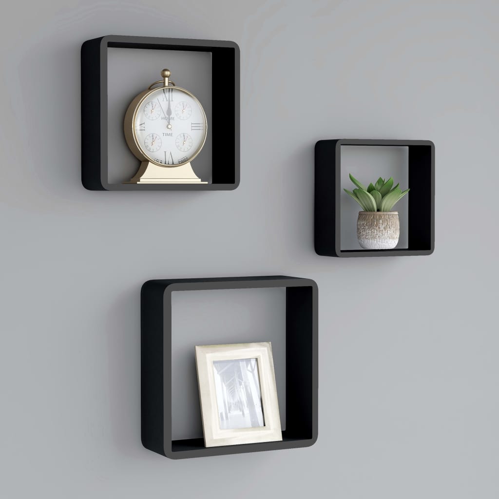 Wall shelves in the form of 3 pcs black MDF cube