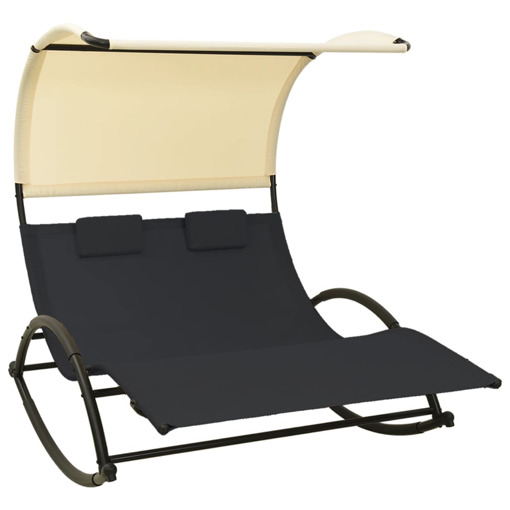 Chaise longue double avec auvent Textilène Noir et crème