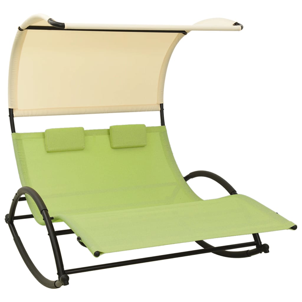Double long chair with green and creamy textilene awning