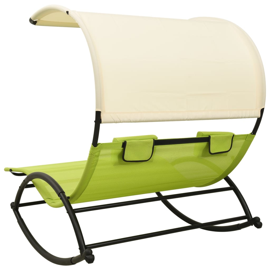 Doppelter langer Stuhl mit grünem und cremigen Textilen -Markise