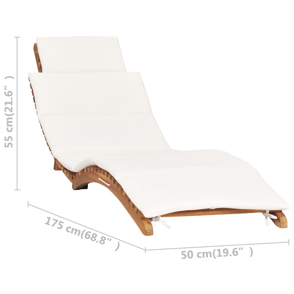 Faltbarer langer Stuhl mit weißem Teakholzholz -Cremekissen