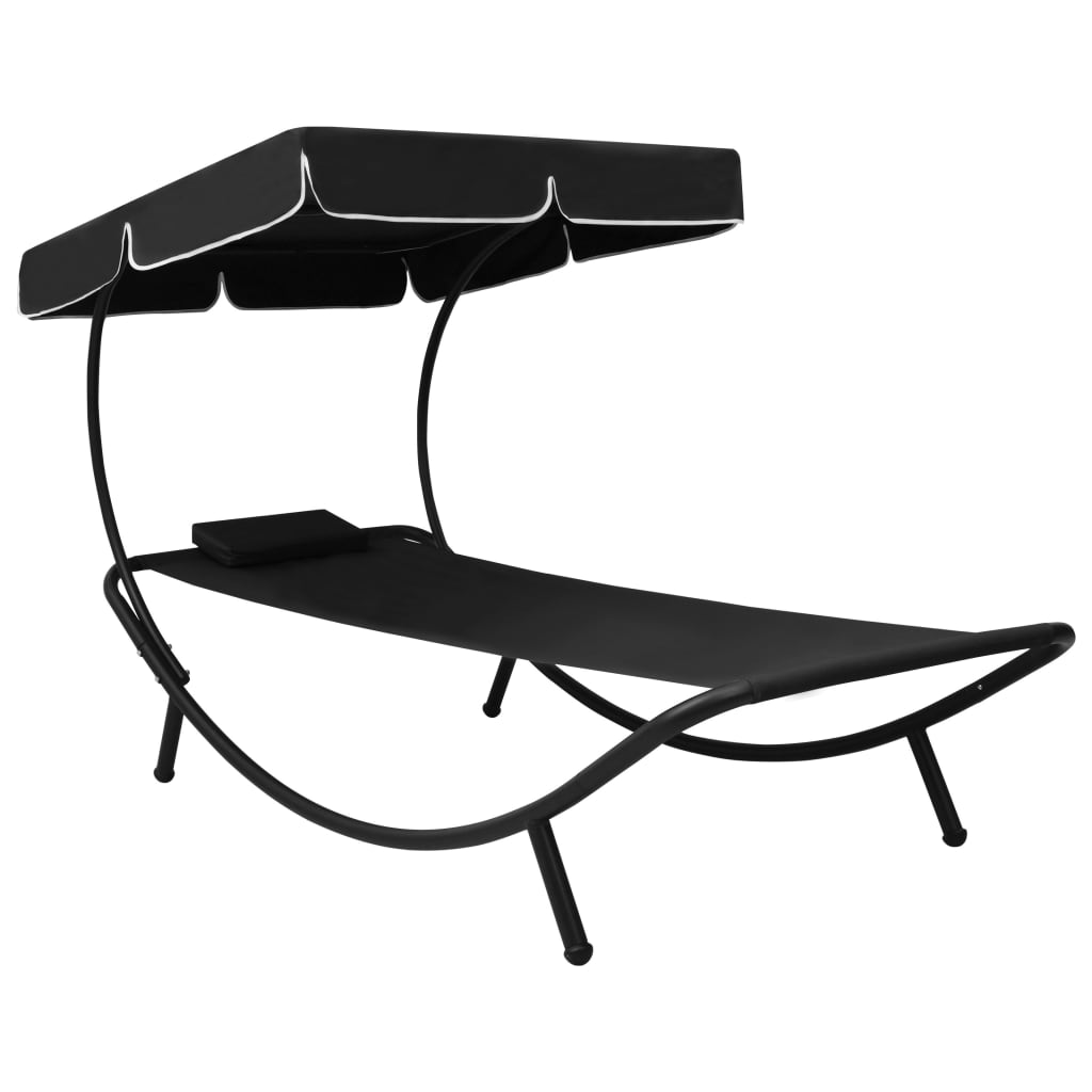Outdoor rest bed with awning and black pillow