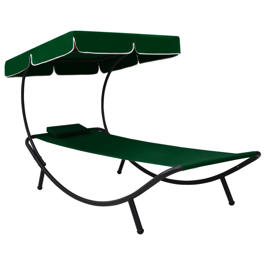 Outdoor rest bed with awning and green pillow