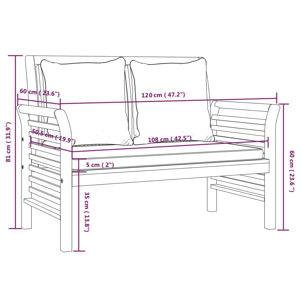 Salon de jardin avec coussins blanc crème 2 pcs Bois massif