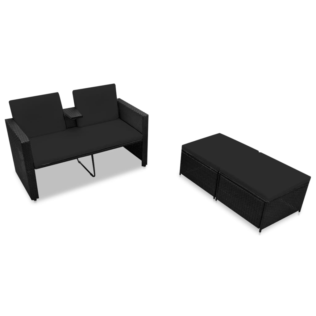 3 pcs garden furniture with black braided resin cushions