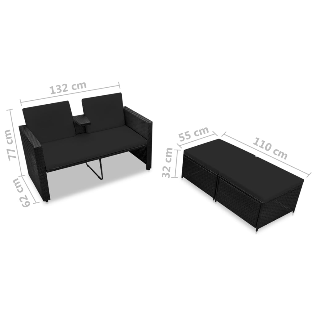 3 pcs garden furniture with black braided resin cushions