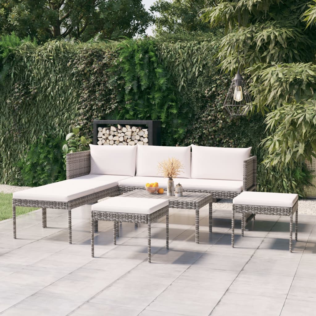 Salon de jardin 6 pcs avec coussins Résine tressée Gris