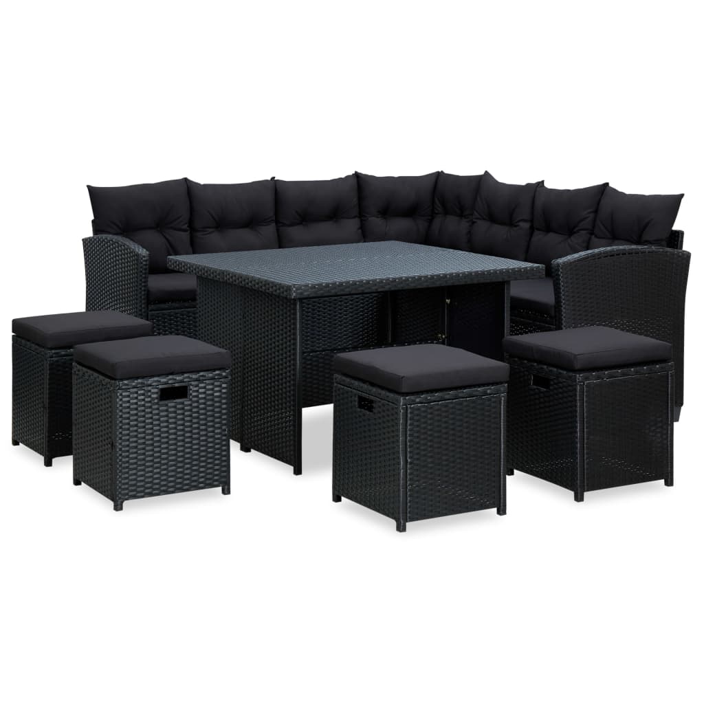 Salon de jardin 6 pcs avec coussins Résine tressée Noir