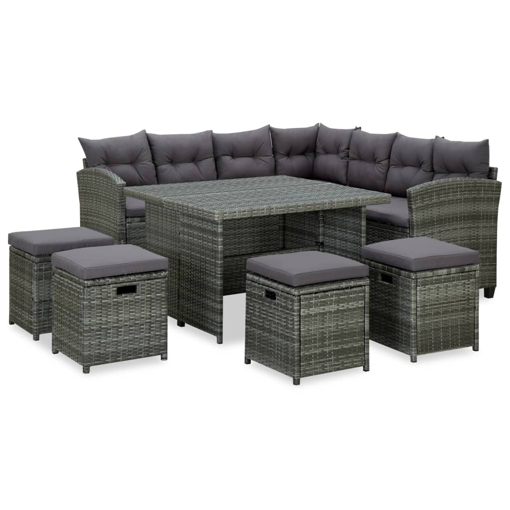 Salon de jardin 6 pcs avec coussins Résine tressée Gris