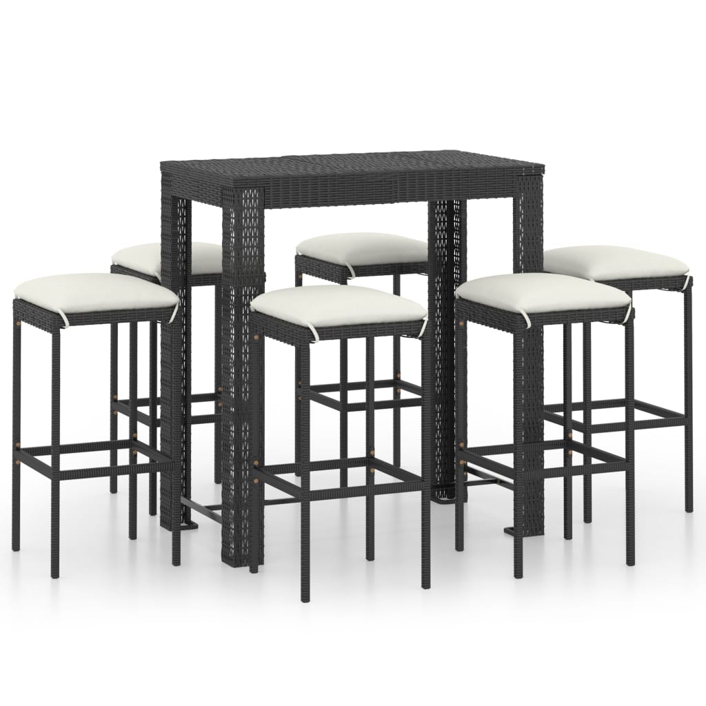 Ensemble de bar de jardin 7 pcs et coussins Résine tressée Noir