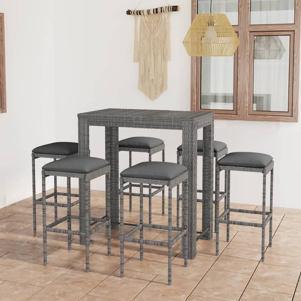 Ensemble de bar de jardin 7 pcs et coussins Résine tressée Gris