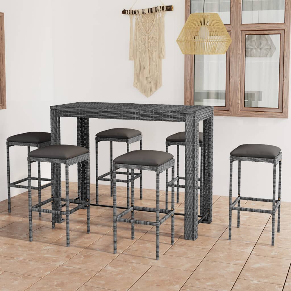 Ensemble de bar de jardin 7 pcs et coussins Résine tressée Gris