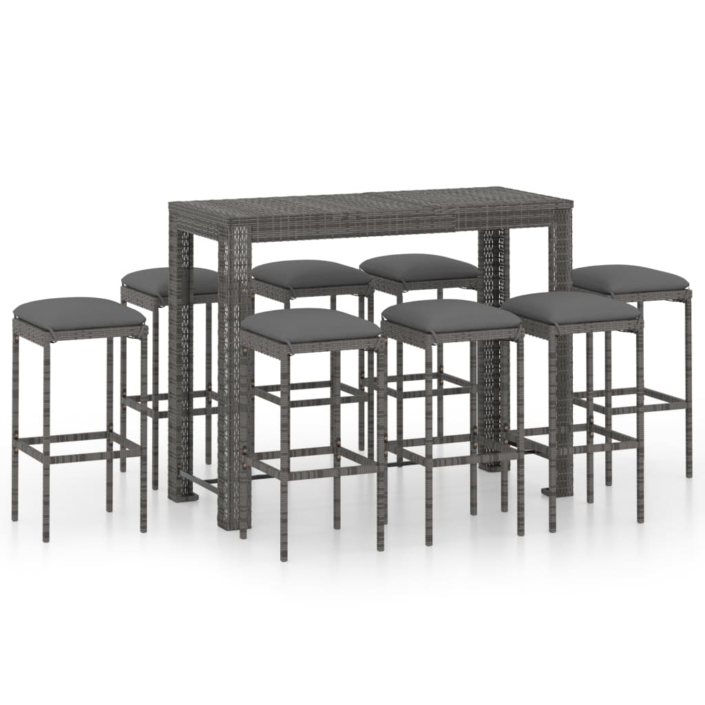 Ensemble de bar de jardin 9 pcs et coussins Résine tressée Gris