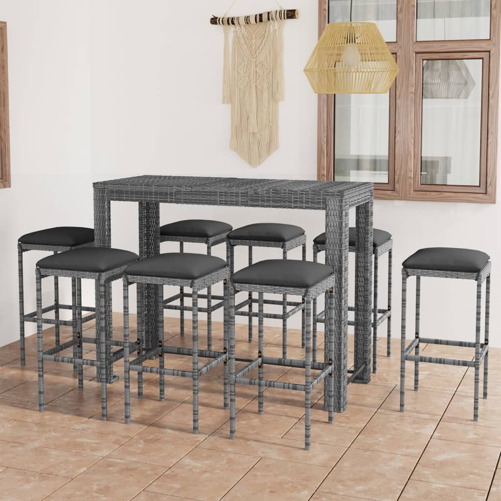 Ensemble de bar de jardin 9 pcs et coussins Résine tressée Gris