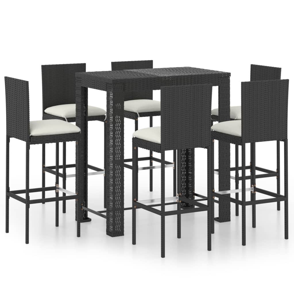 Ensemble de bar de jardin 7 pcs et coussins Résine tressée Noir