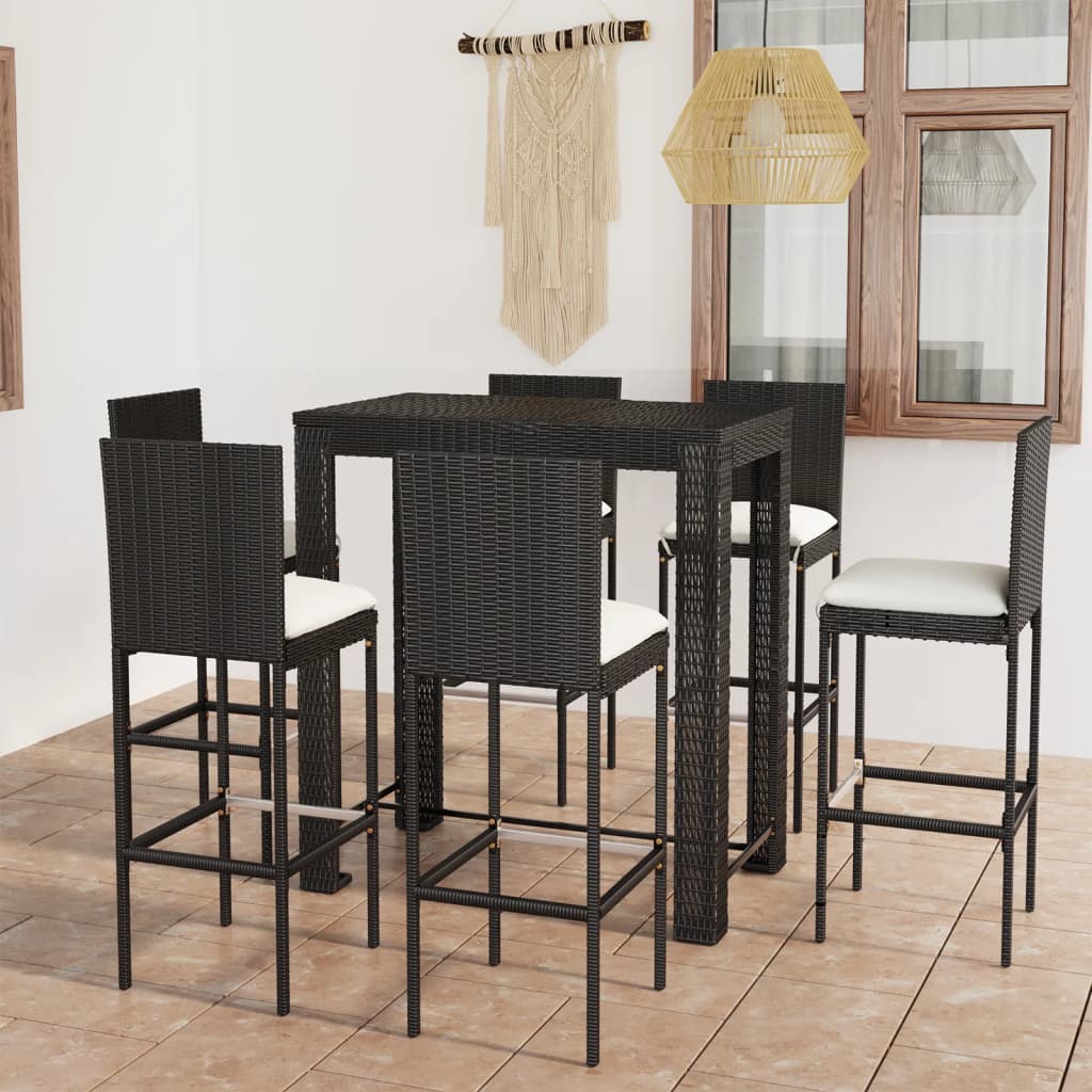 Ensemble de bar de jardin 7 pcs et coussins Résine tressée Noir