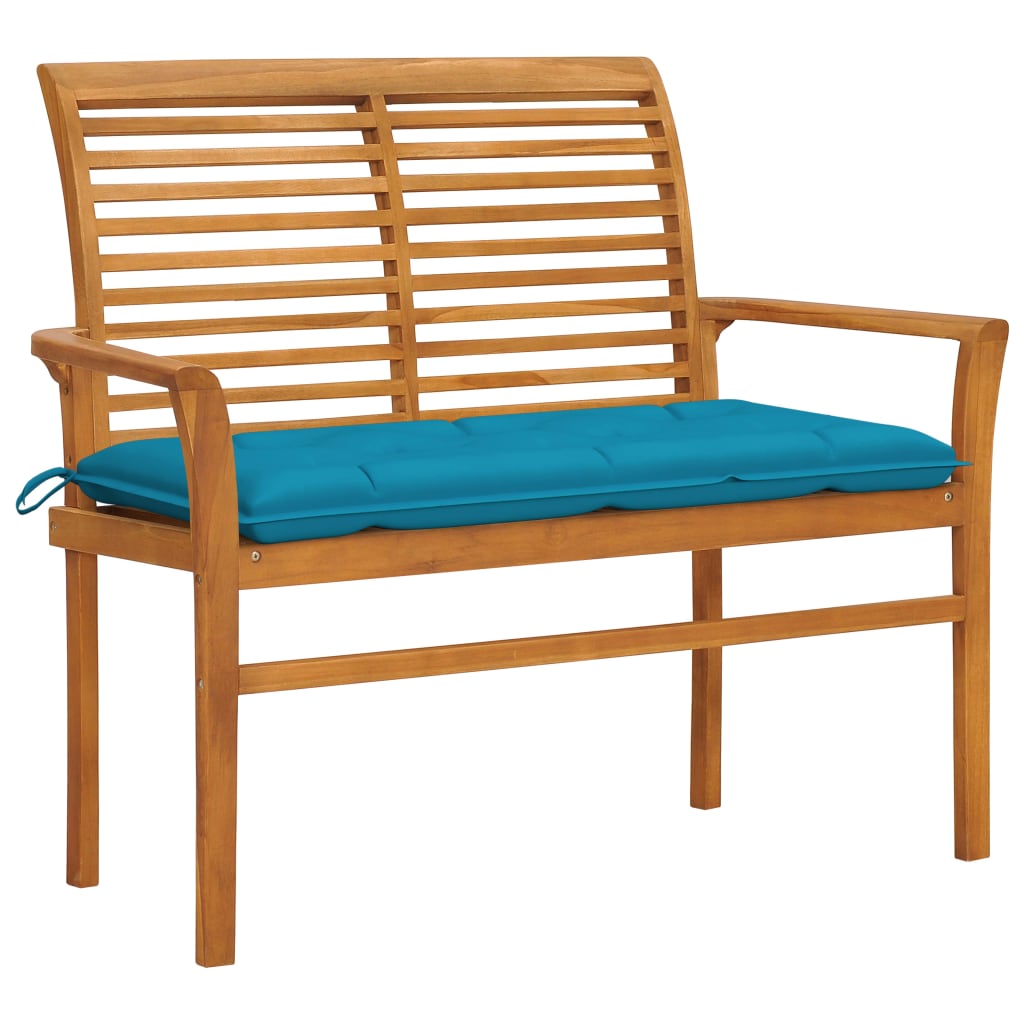 Garden bench with light blue cushion 112 cm teak wood