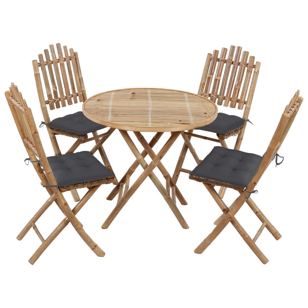 Mobilier à dîner d'extérieur pliable 5 pcs avec coussins Bambou