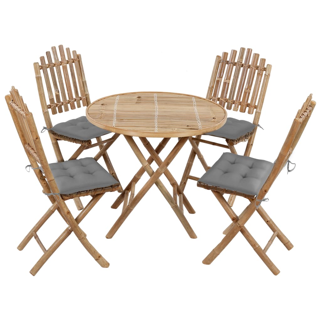 Mobilier à dîner d'extérieur pliable 5 pcs avec coussins Bambou