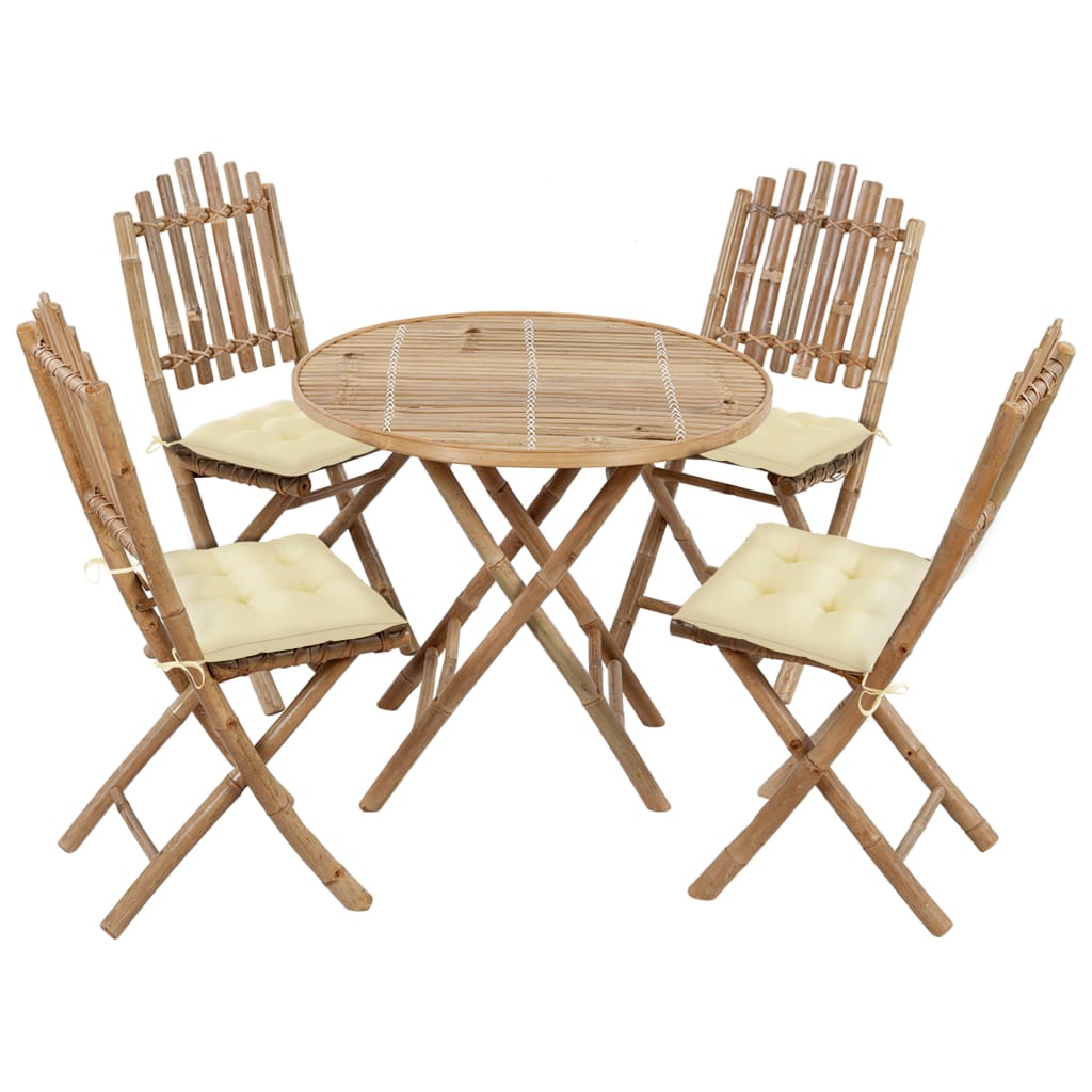 Mobilier à dîner d'extérieur pliable 5 pcs avec coussins Bambou