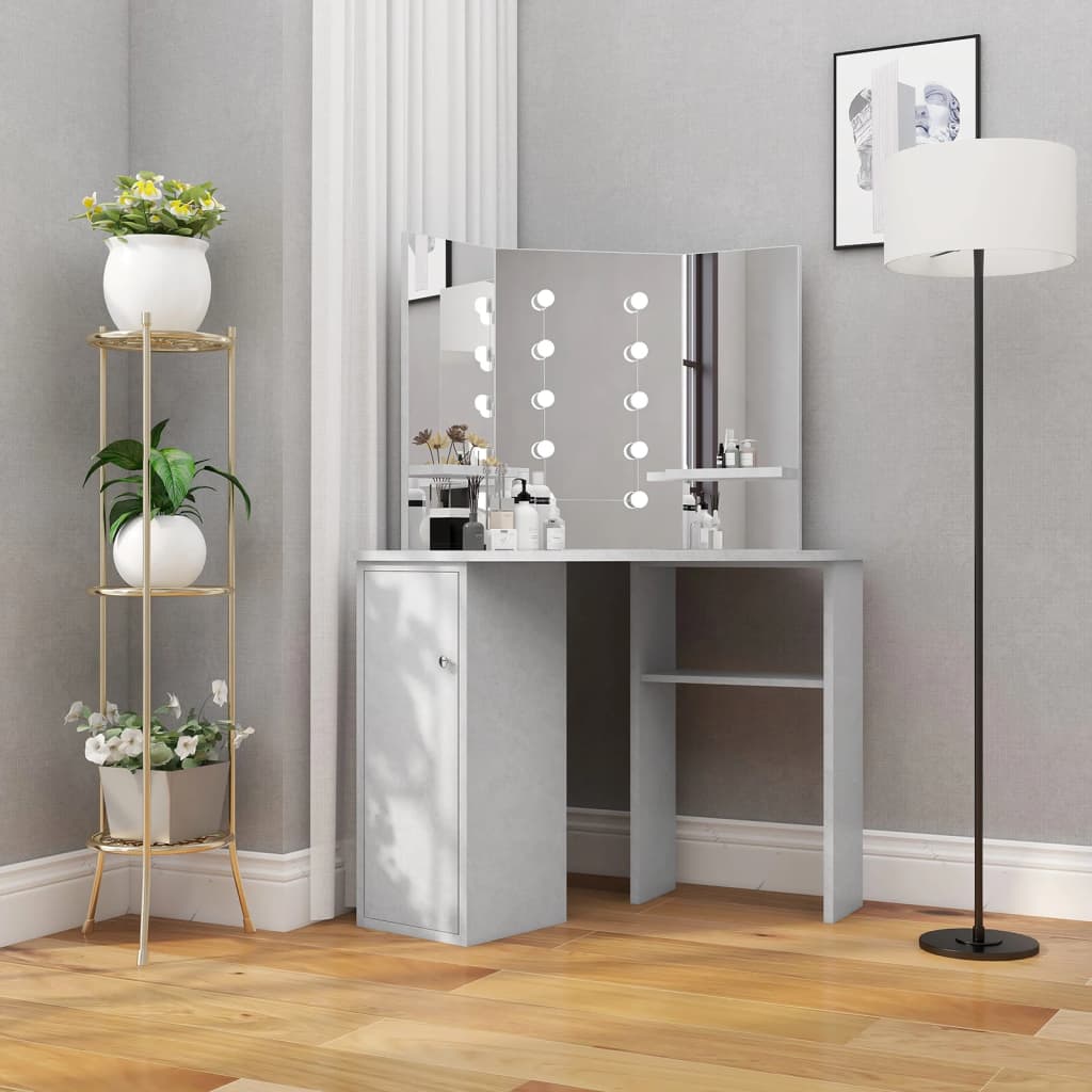 Corner dressing table with concrete gray LED 111x54x141.5 cm