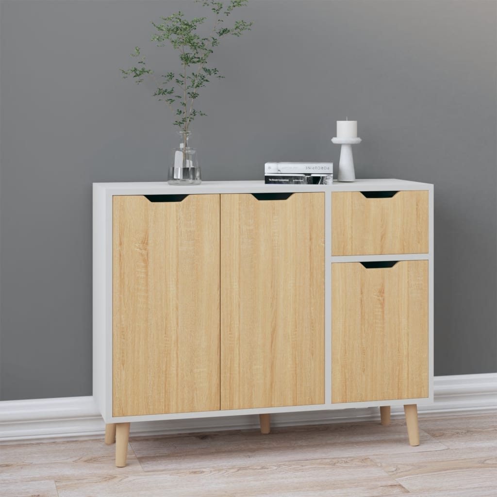 White buffet and Sonoma oak 90x30x72 cm Engineering wood
