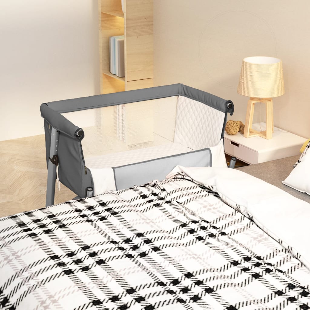 Baby bed with dark gray mattress flax fabric