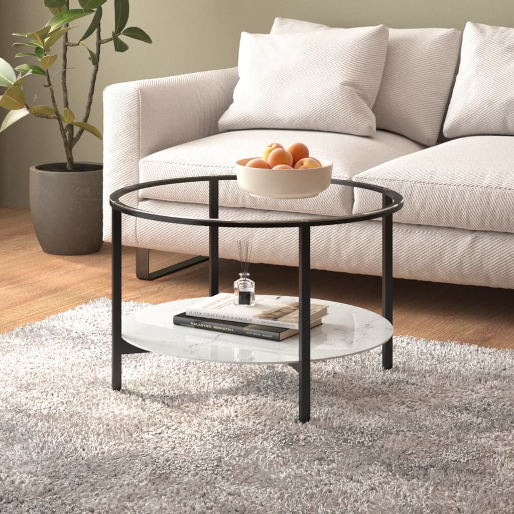 Black tea table and white marble 70 cm tempered glass