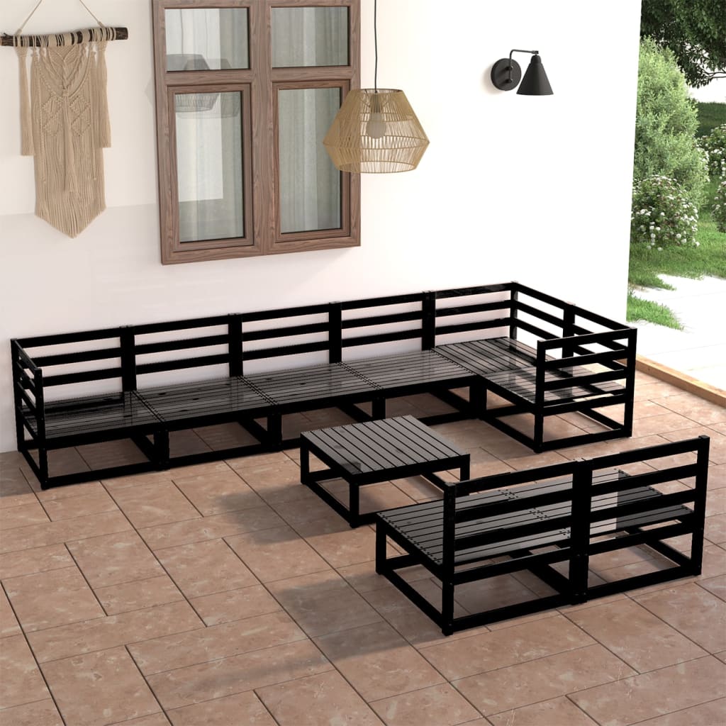 Salon de jardin 9 pcs noir bois de pin massif