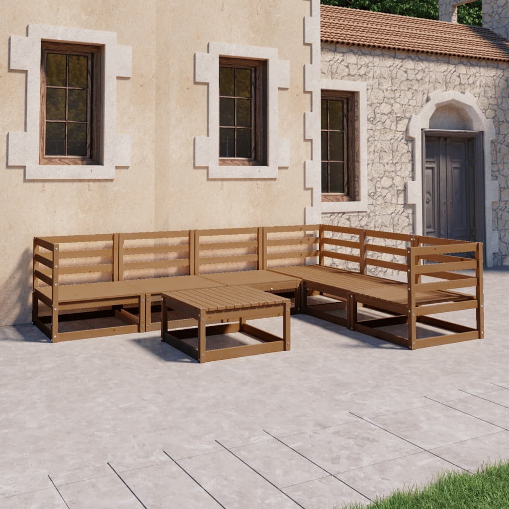 Salon de jardin 7 pcs marron miel bois de pin massif