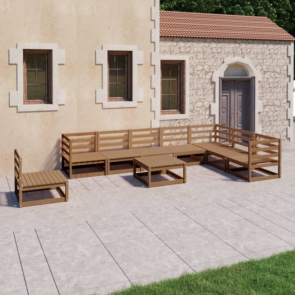 Salon de jardin 9 pcs marron miel bois de pin massif