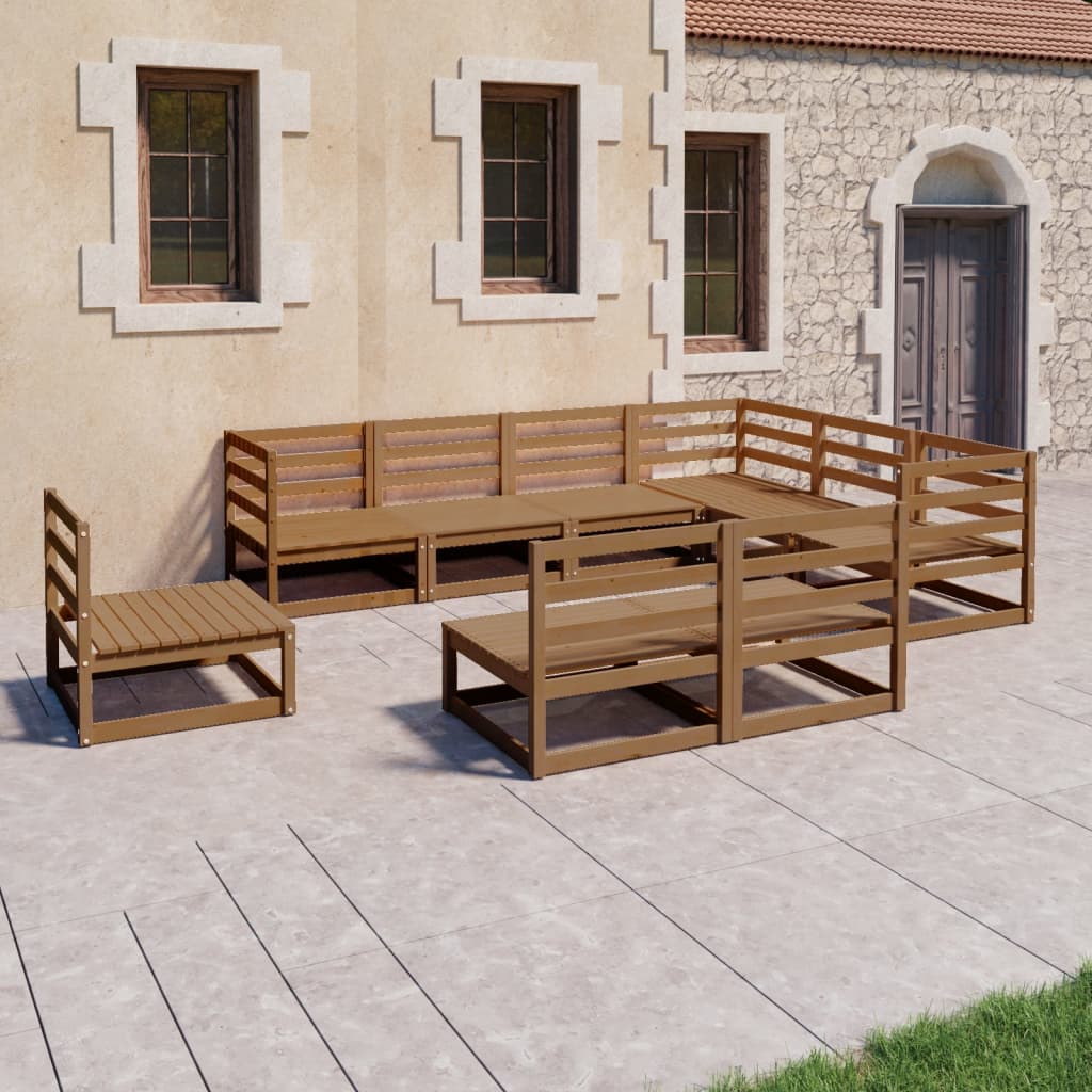 Salon de jardin 9 pcs marron miel bois de pin massif