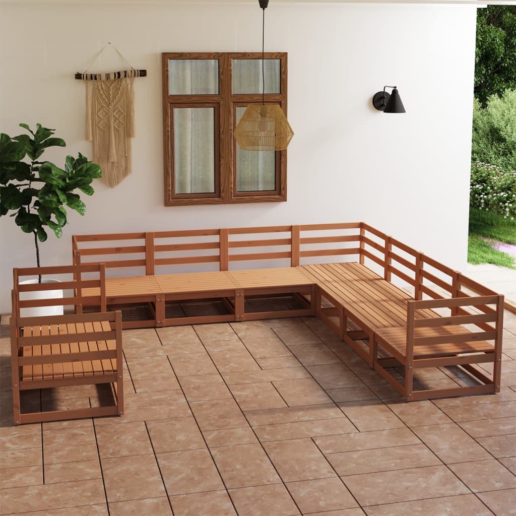 Salon de jardin 9 pcs marron miel bois de pin massif