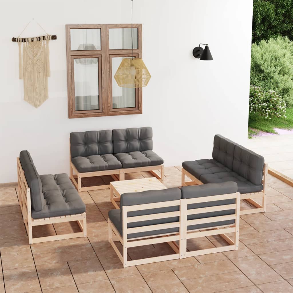 Salon de jardin 9 pcs avec coussins Bois de pin massif